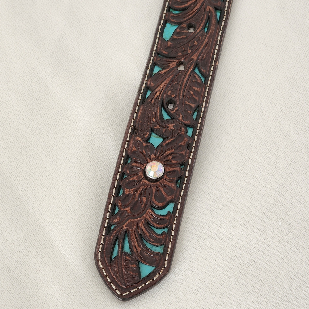 Ariat Women's Turquoise Inlay Floral Tooled Belt - Western Elegance! - Picture 11 of 13